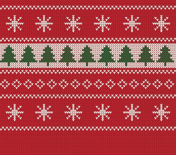 Christmas Sweater tumbler wrap design: red knitted Christmas sweater pattern with green trees and white snowflakes