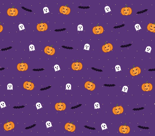 Spooky Night tumbler wrap design: jack-o-lanterns, friendly ghosts and bats on a purple night sky