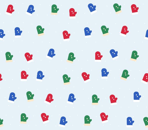 Mittens tumbler wrap design: red, blue and green mittens with white cuffs on icy blue with snow